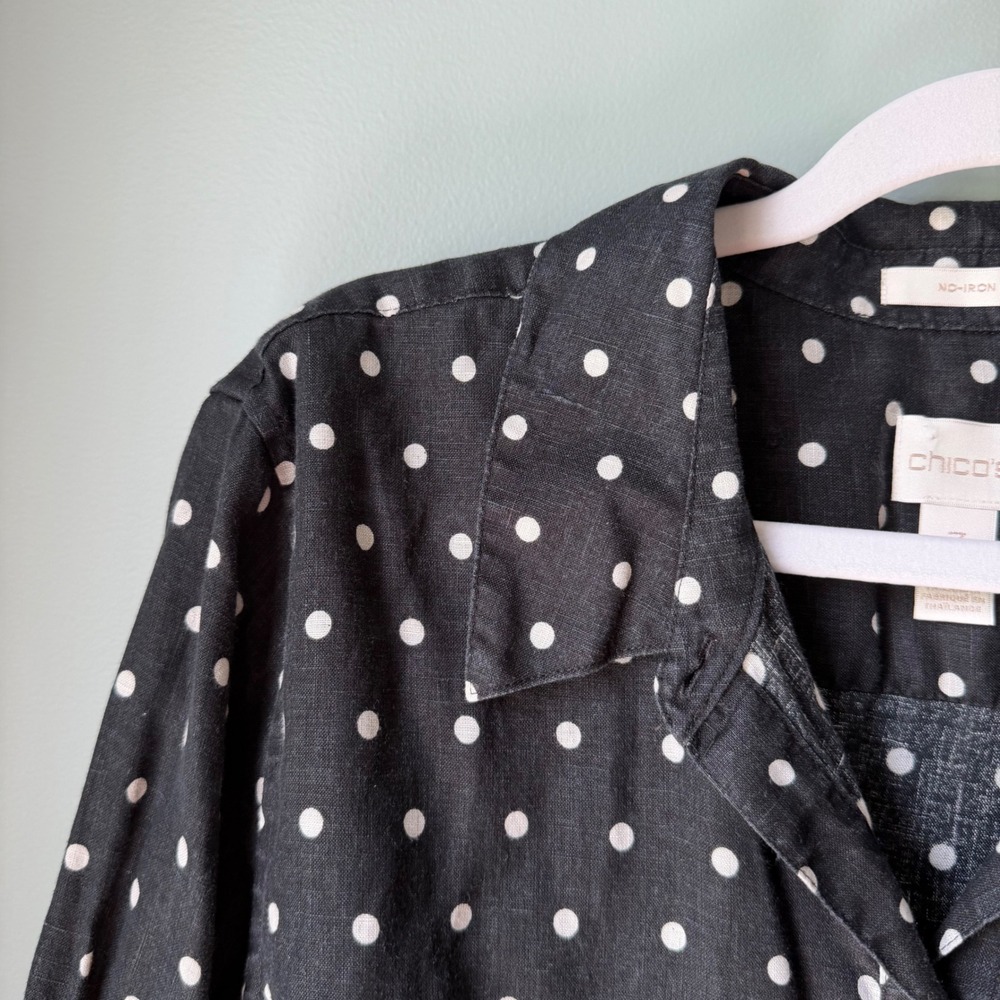 Chico's No-Iron 100% Linen Button Up Shirt Black White Polka Dot Tie Front 3 XL - Picture 2 of 12